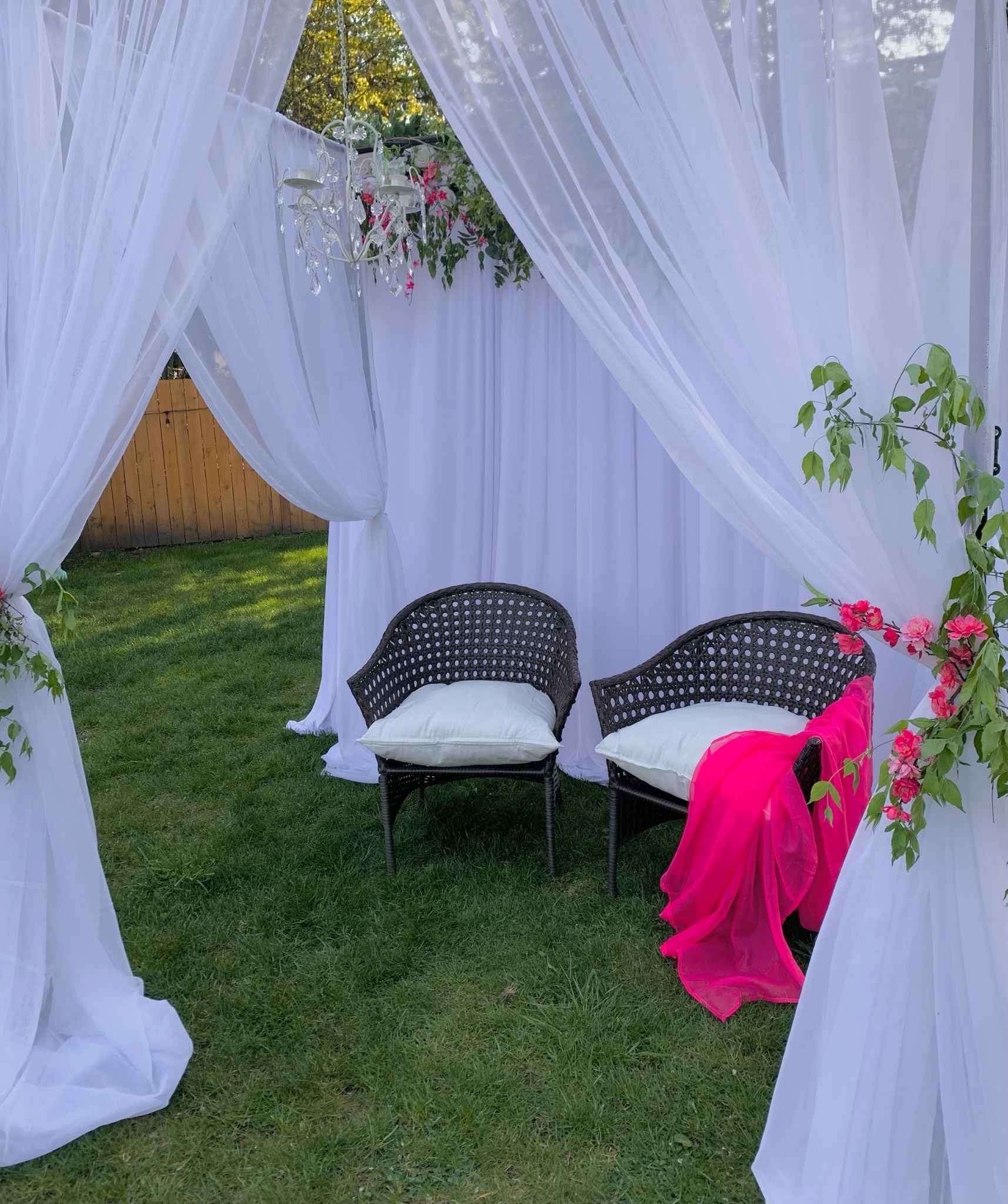 Drapery Backdrop custom structure with white, emerald, and blush styling for a wedding in the greater Seattle area