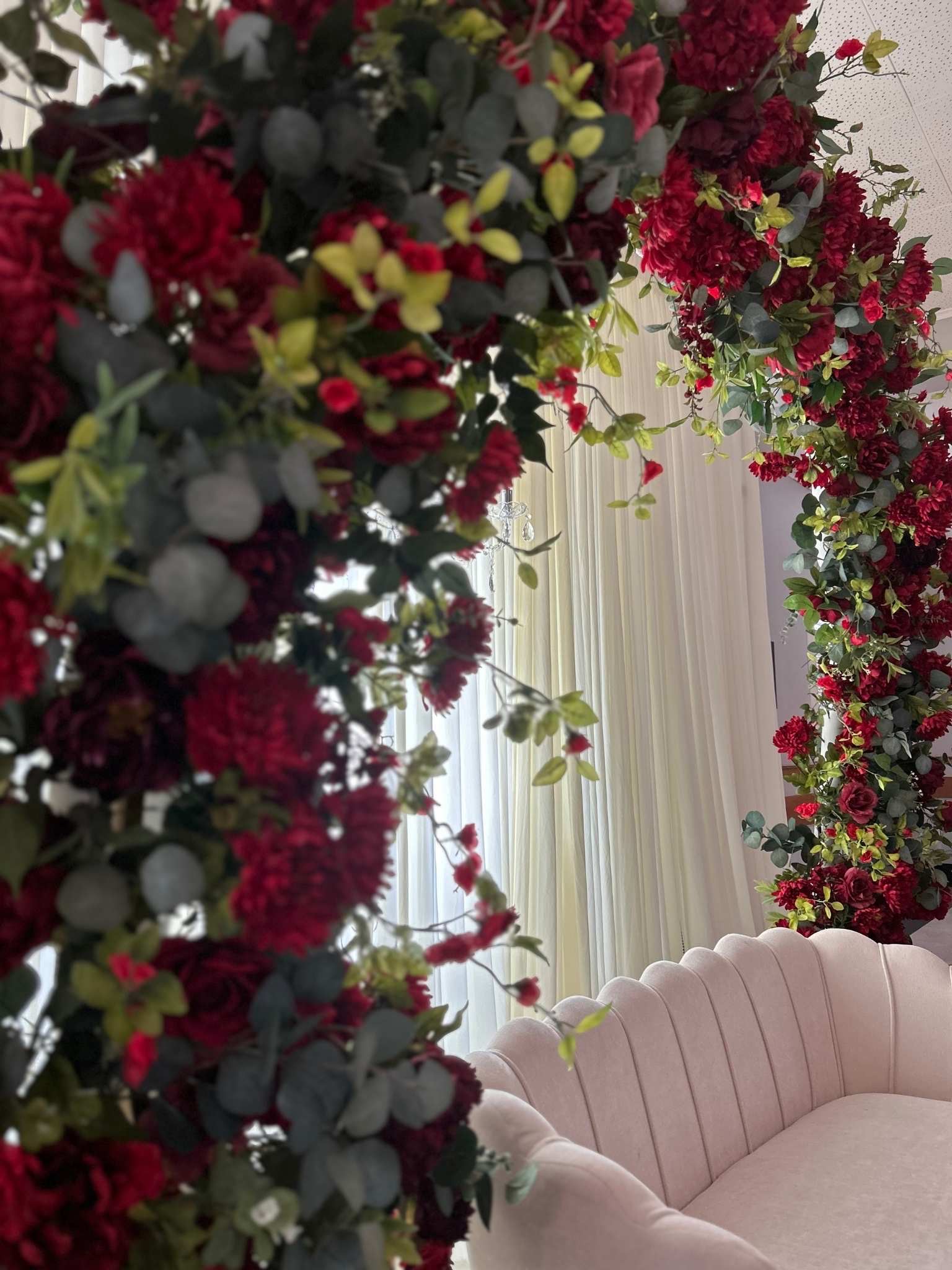 Burgundy, sage, and ivory floral styling and custom decor styled for a wedding in the greater Seattle area