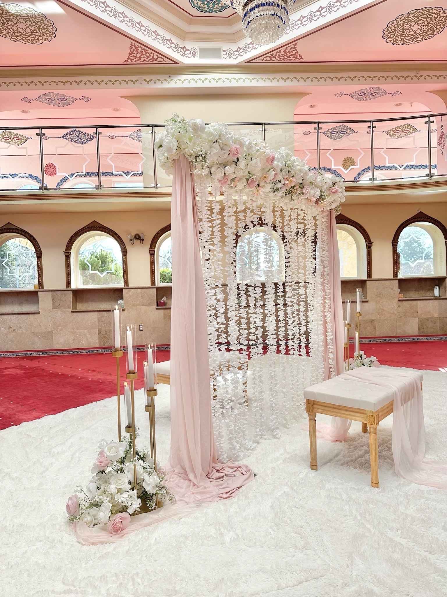 Nikkah Partition Wall custom structure with blush, ivory, and gold styling for a Nikkah at the Islamic Community of Bosniaks mosque