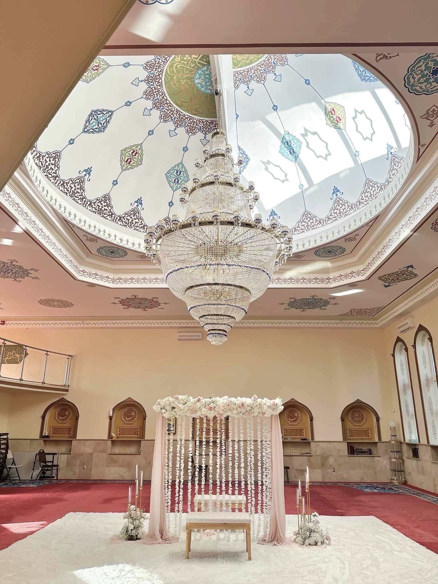 Nikkah Partition Wall custom structure with blush, ivory, and gold styling for a Nikkah at the Islamic Community of Bosniaks mosque