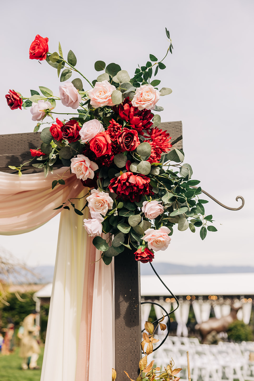 Luxury blush, powder blue, and ivory organic floral styling for a wedding centerpiece in the greater Seattle area