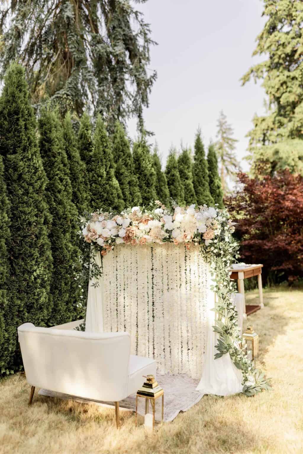 Nikkah Partition Wall custom structure with ivory, peach, and emerald styling for a Nikkah Ceremony in the greater Seattle area