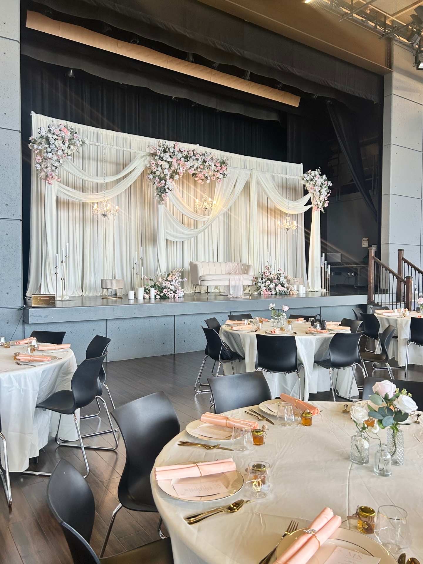 Signature Stage Setup custom structure with ivory, blush, and sage styling for a wedding in the greater Seattle area