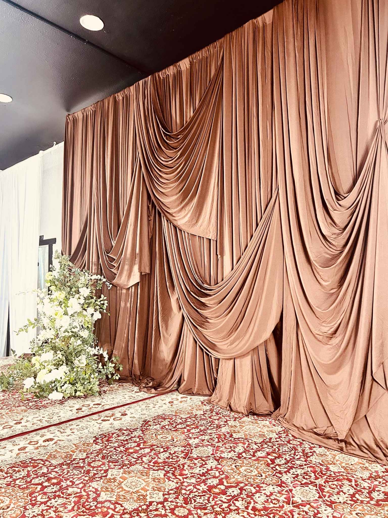 Drapery Panel custom structure with champagne, ivory, and sage styling for a wedding in the greater Seattle area