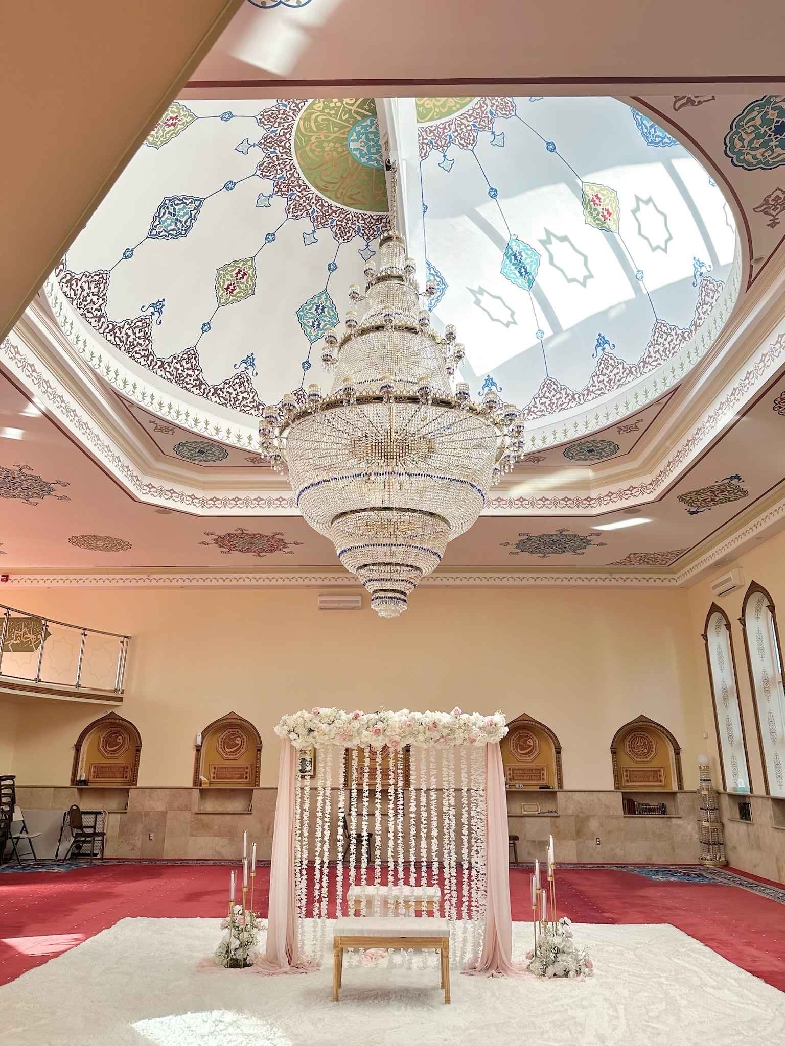 Nikkah Partition Wall custom structure with blush, ivory, and gold styling for a Nikkah at Islamic Community of Bosniaks