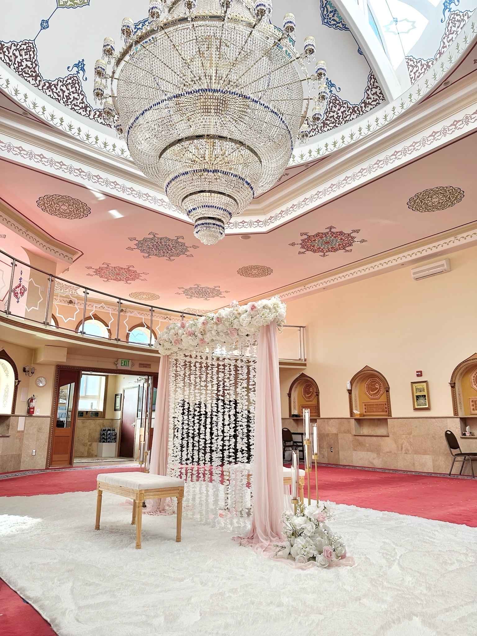 Nikkah Partition Wall custom structure with blush, ivory, and gold styling for a Nikkah Ceremony at Islamic Community of Bosniaks