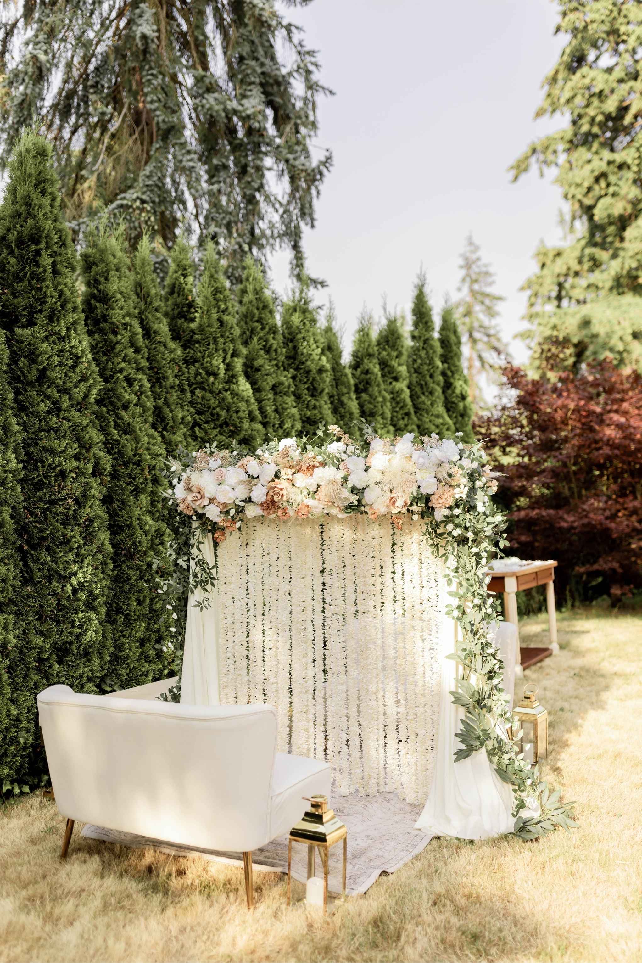 Nikkah Partition Wall custom structure with ivory, peach, and emerald styling for a Nikkah in the greater Seattle area
