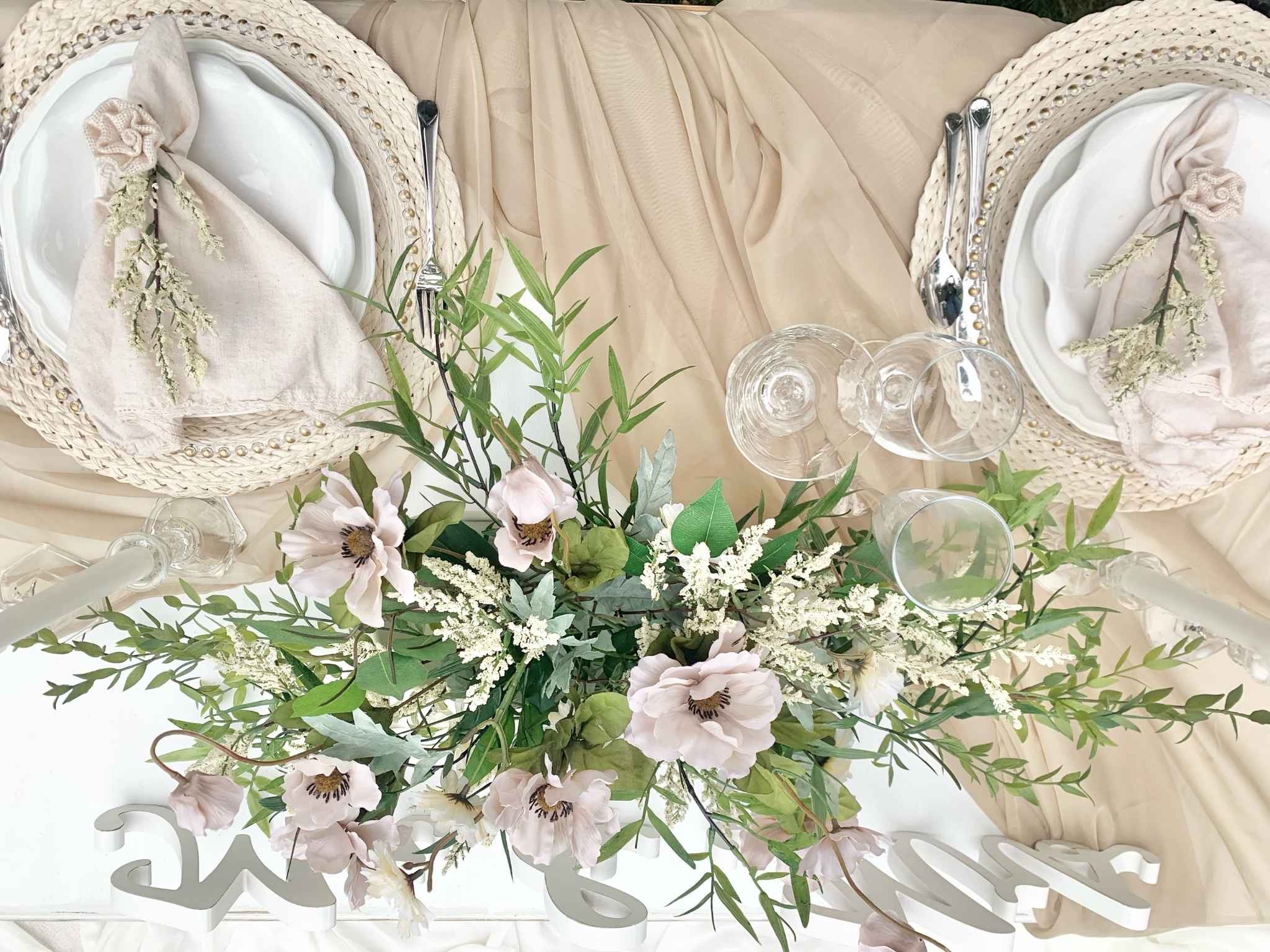 Blush, sage, and champagne floral styling and custom decor styled for a bridal shower in the greater Seattle area