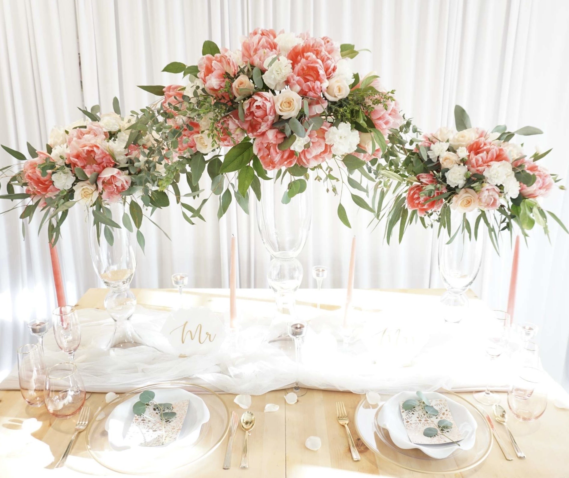 Luxury peach, blush, and sage organic floral styling for a wedding centerpiece in the greater Seattle area